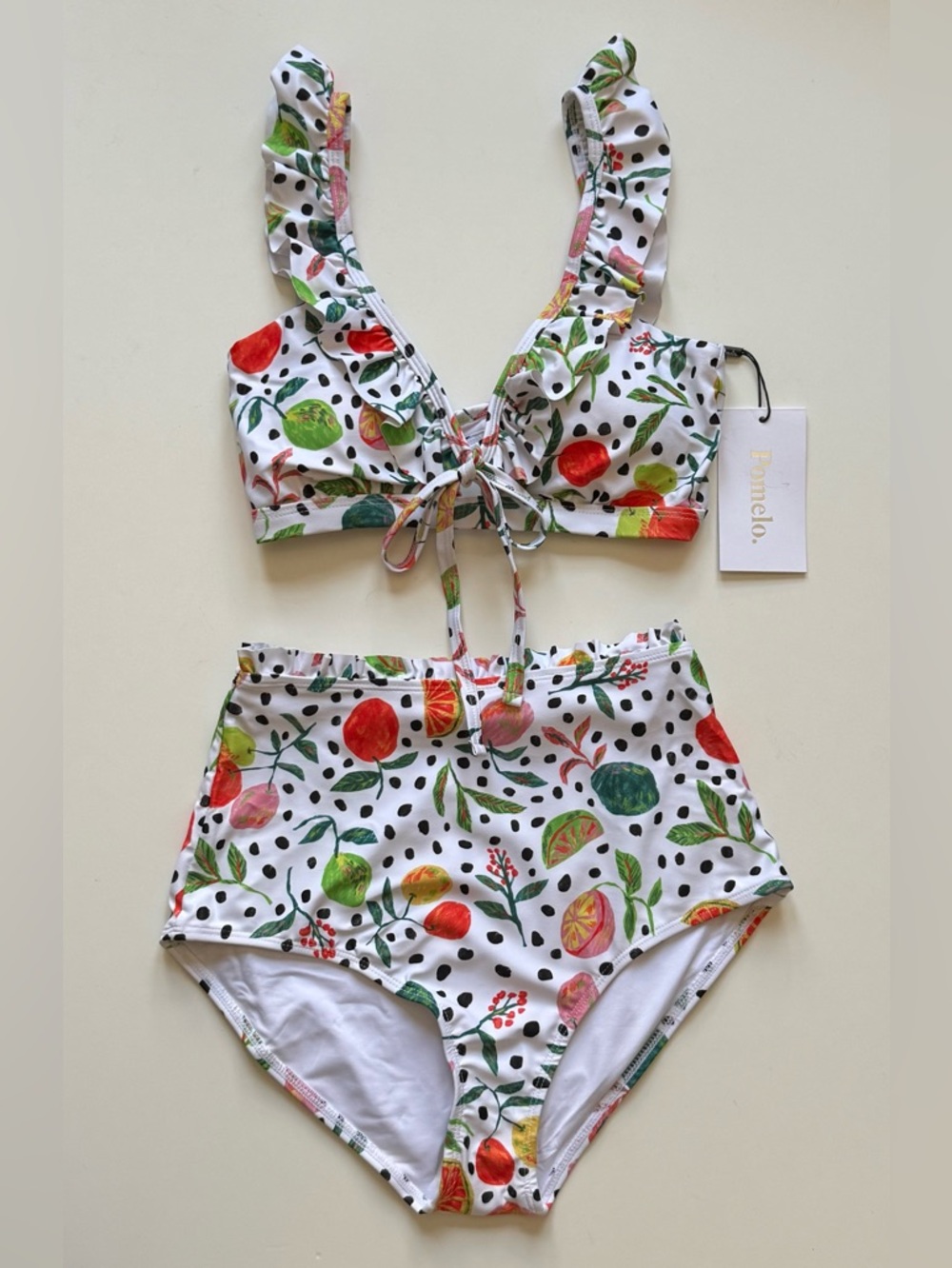 Pomelo White Fruit & Leaf Print Bikini Top with Black Dot Accents